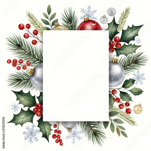 Festive watercolor christmas wreath with ornaments and berries framing a blank space