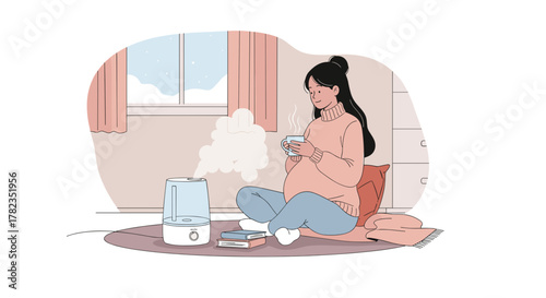 Pregnant woman enjoying a humidifier, ideal for wellness and health articles focused on maternity care