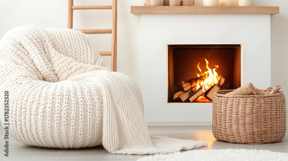 Fototapeta premium Cozy living room atmosphere with a warm fireplace and inviting decor for relaxed evenings