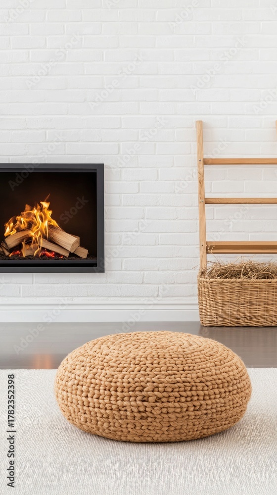 Naklejka premium Cozy winter retreat featuring a warm fireplace and modern living room decor ideal for relaxation