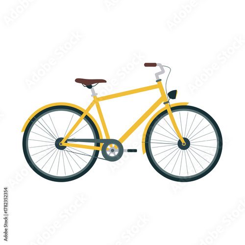 A yellow bicycle with a brown saddle and handlebars is shown against a white background.