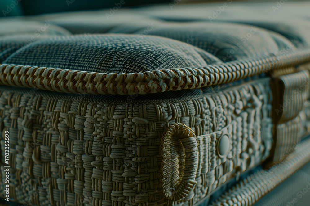 Obraz premium Close-Up of a High Quality Quilted Mattress With Tufted Surface, Detailed Stitching and Textured Fabric