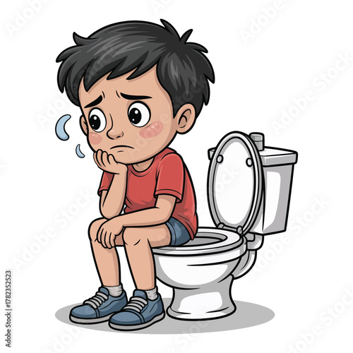 A worried young boy sits on a toilet with a troubled expression.