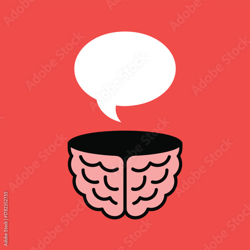 An illustration of an open brain with a thought bubble above it on a red background.