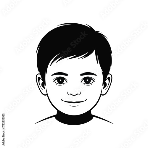 A stylized black and white illustration of a young boy's face looking forward.