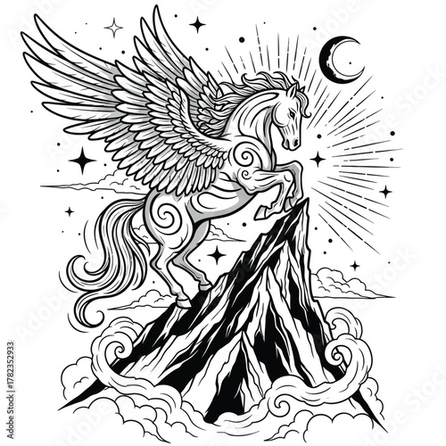 Majestic winged horse soars toward a bright future, a symbol of strength and freedom conquering obstacles in this beautiful monochrome art piece