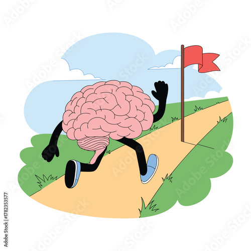 An anthropomorphic brain character runs towards a finish line flag on a path.