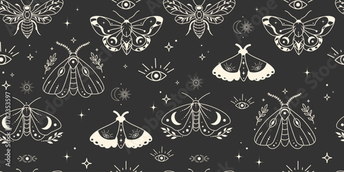 Mystical Moth and Butterfly Seamless Pattern with Celestial Symbols. Boho Dark Pattern with Butterflies, Crescent Moons and Stars for fabric, wallpaper, packaging, stationery, wrapping paper. Vector