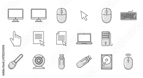 A comprehensive set of computer and monitor-related line icons, featuring cursors, pointers, and outline signs perfect for graphic and web design, apps, adverts, and various cards. This vector