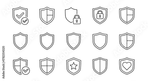 Collection of minimalistic shield icons and pictograms for web and graphic design, apps, banners, social networks, and cards. Vector cartoon illustrations featuring security, protection, and