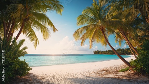 Fototapeta Naklejka Na Ścianę i Meble -  Overhead view of a sandy beach lined with palm trees