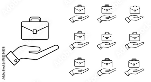 Set of simple line art icons depicting a briefcase held over an open hand, symbolizing business, finance, and career opportunities. This graphic resource collection features a clean, modern design