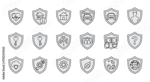 Set of defense, insurance, and protection-related line icons, featuring shields with various items like a heartbeat, house, person, car, key, Wi-Fi signal, padlock, money, question mark, cloud