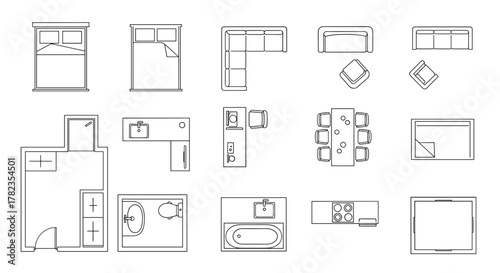 Top-down view vector set of interior design elements and furniture icons, including beds, sofas, dining tables, kitchenettes, bathrooms, and floor plans, perfect for architectural and home design
