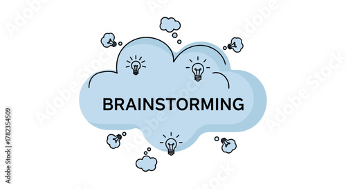 Creative brainstorming session visualized with a lightbulb idea cloud and thought bubbles, representing innovation, problem-solving, and collaborative thinking in a business or educational context