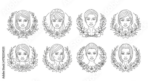 Set of eight elegant line art illustrations featuring diverse female faces framed by delicate floral wreaths of roses and lilies, presented on a clean white background, perfect for beauty, fashion