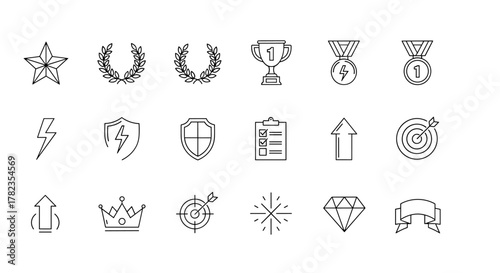 Achievement Icon Set Vector Graphic Illustration: A collection of clean, ordered line icons on a white background, featuring symbols of success, goals, and recognition like stars, laurels, trophies