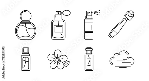 A collection of line art illustrations featuring various perfume bottles, a flower, and a cloud, perfect for graphic design, concept art, and app icons. This set offers a clean, modern aesthetic with