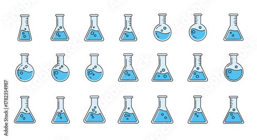 Collection of minimalistic linear icons representing various lab flasks filled with light blue liquid, ideal for web and graphic design, apps, banners, social networks, and cards, symbolizing science