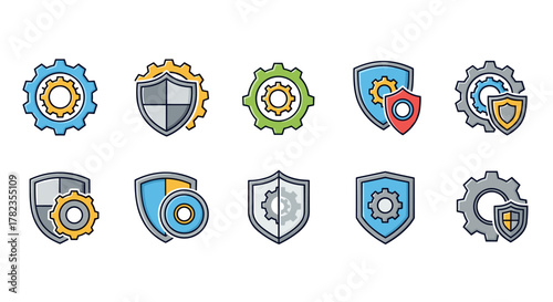 Set of ten unique vector cartoon illustrations featuring gears, cogwheels, and shields in various color combinations and arrangements, symbolizing security, protection, and technology, presented on a