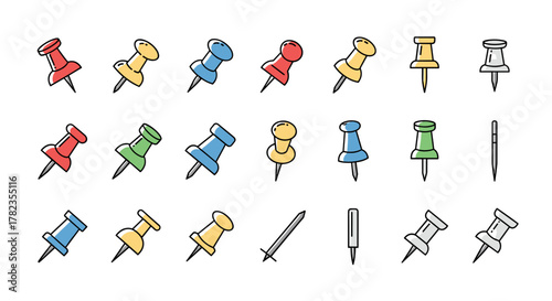 Vibrant Collection of Push Pins and Thumbtacks in Various Colors and Styles, Perfect for School and Office Use. Thin Line Icons with Editable Stroke, Ideal for Websites, Books, Cards, and Apps