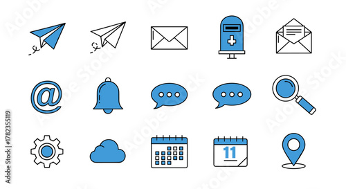 Set of simple, flat, blue and black outline icons representing communication and digital services, including paper airplanes, envelopes, a mailbox, an at symbol, a bell, speech bubbles, a magnifying