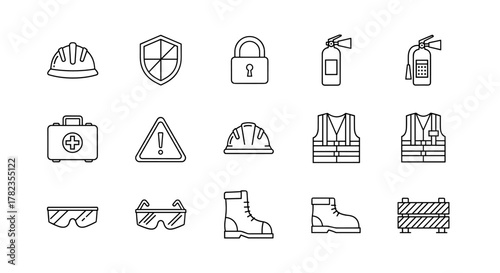 Comprehensive collection of editable line icons representing safety and protection equipment, including hard hats, shields, locks, fire extinguishers, first aid kits, warning signs, safety vests