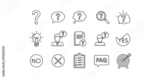 A comprehensive set of clean, outline-style vector icons, perfect for representing questions, ideas, solutions, and decision-making processes. This collection includes question marks, lightbulbs