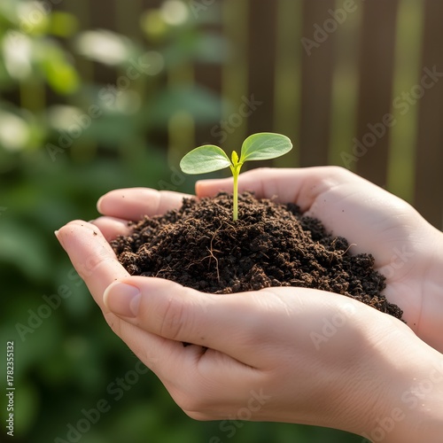 Hands Holding Soil with New Seedling
