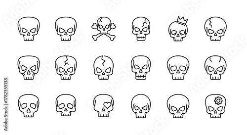 Modern Outline Style Skull Icons for Design, Cards, Apps, Social Networks, Vector Cartoon Illustration with a White Background, Ordered Set, Try to Avoid Clichés and Focus on Unique Variations for a