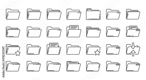A collection of simple, minimalistic linear icons representing various folder types, including open, closed, starred, and download/upload actions, perfect for web design, graphic design, app
