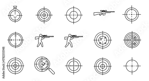 Collection of outline icons representing sniper targets, aiming scopes, and rifle silhouettes, perfect for infographics, articles, books, flyers, and banners, featuring editable strokes for versatile