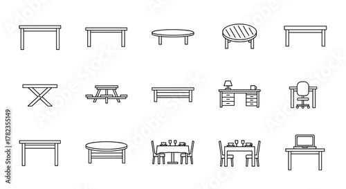 Collection of outline table icons for graphic and web design, apps, adverts, and various cards. This vector cartoon illustration features a white background and includes a variety of table types