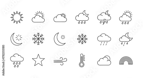 Set of minimalist line vector icons depicting various weather conditions and celestial elements, including sun, clouds, moon, stars, snowflakes, rain, lightning, wind, thermometer, and rainbow