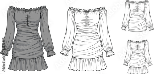 Off-shoulder dress design, fashion sketch, ruched bodice, ruffled cuffs, technical illustration, garment construction, sewing pattern, front and back views, stylish silhouette