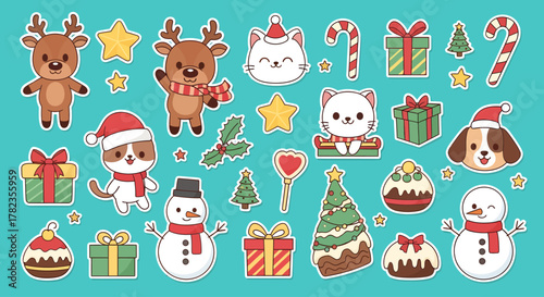 A cute Christmas sticker pack in cartoon vector style, featuring adorable animal characters and festive icons. Includes reindeer, cats, dogs, snowmen, gift boxes, candy canes, stars, and Christmas.