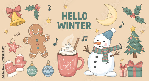 A cozy and cute “Hello Winter” illustration set inpastel colors, featuring a smiling gingerbread man, snowman with scarf, hot chocolate mug with whipped cream, Christmas tree, bell, ornaments, moon.