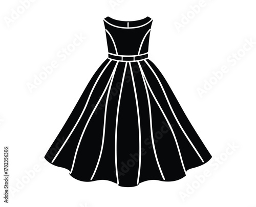 Elegant black dress vector illustration with flowing skirt and cinched waist