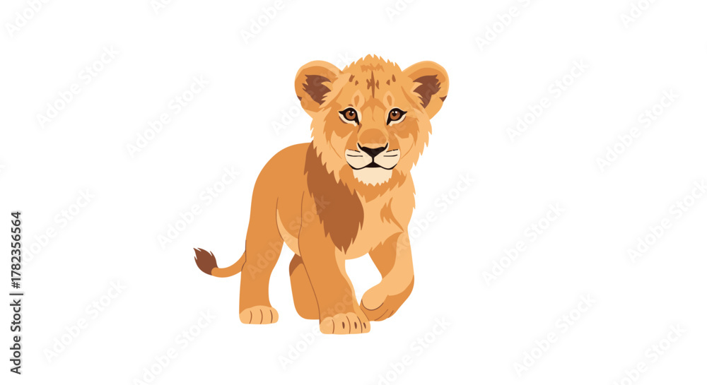 Fototapeta premium A charming cartoon illustration of an adorable lion cub with light brown fur and playful eyes, walking forward against a clean white background.
