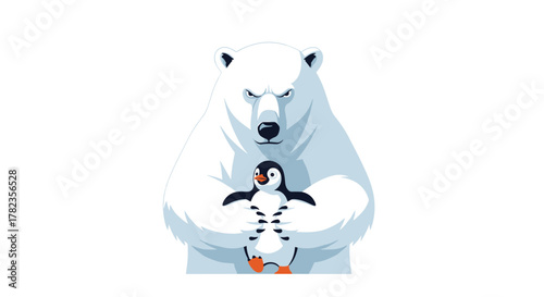 A formidable polar bear with a protective scowl holds a small, joyful penguin, illustrating a heartwarming scene of an unlikely guardian.