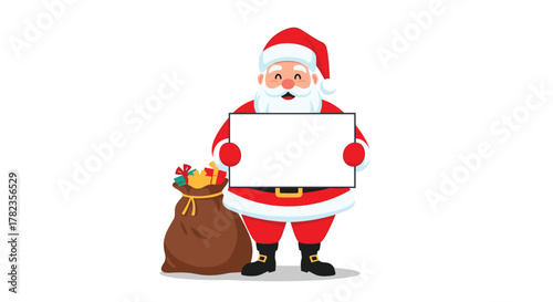 Happy Santa Claus holding an empty signboard for your message, with a large brown sack of presents next to him on a white background.