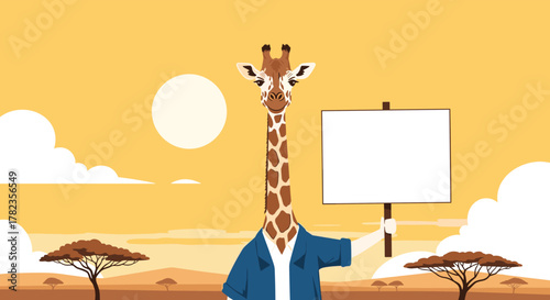 A stylish giraffe wearing a blue collared shirt holds a blank white sign for text in a vibrant African savanna during sunset.