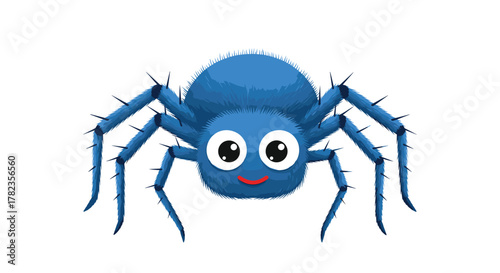 A cute and friendly blue cartoon spider with a happy face, big eyes, and eight spiky legs, isolated on a white background.