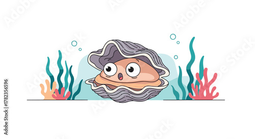 A cute, surprised oyster with wide eyes and an open mouth peeks out from its shell in a whimsical underwater scene with sea plants and bubbles.