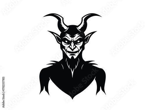 Monochrome Illustration of a Devilish Character with Horns and Sharp Features