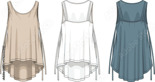 Sleeveless top illustration, high-low hemline, scoop neckline, fashion sketch, flowing silhouette, garment design, clothing template, front view, draped side panels, vector drawing