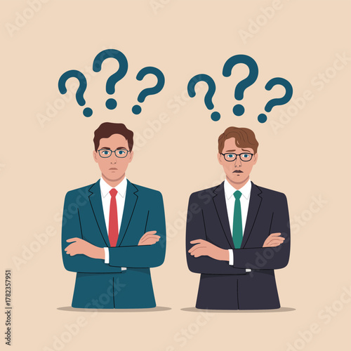 Two businessmen stand with crossed arms under question marks, expressing confusion and uncertainty.