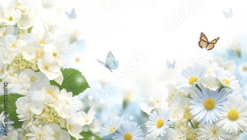 Stunning backdrop featuring hydrangeas and daisies with yellow and blue blooms on a white canvas. Nature-themed floral card with bokeh butterflies.