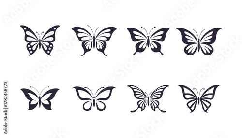 A collection of eight stylized butterfly illustrations, each with unique wing patterns