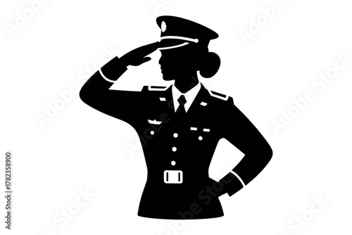 Silhouette of a female military officer in uniform saluting against a white background in a sign of respect